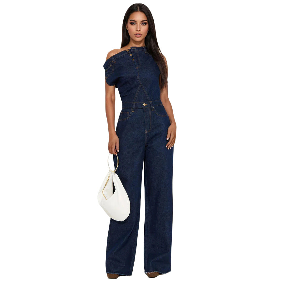 Combinaison femme en jean bleu foncé – Encolure asymétrique et jambes larges