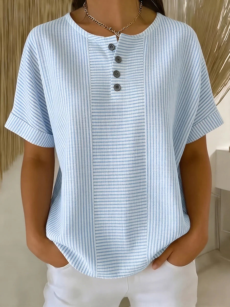 T-shirt femme rayé à manches courtes et col boutonné