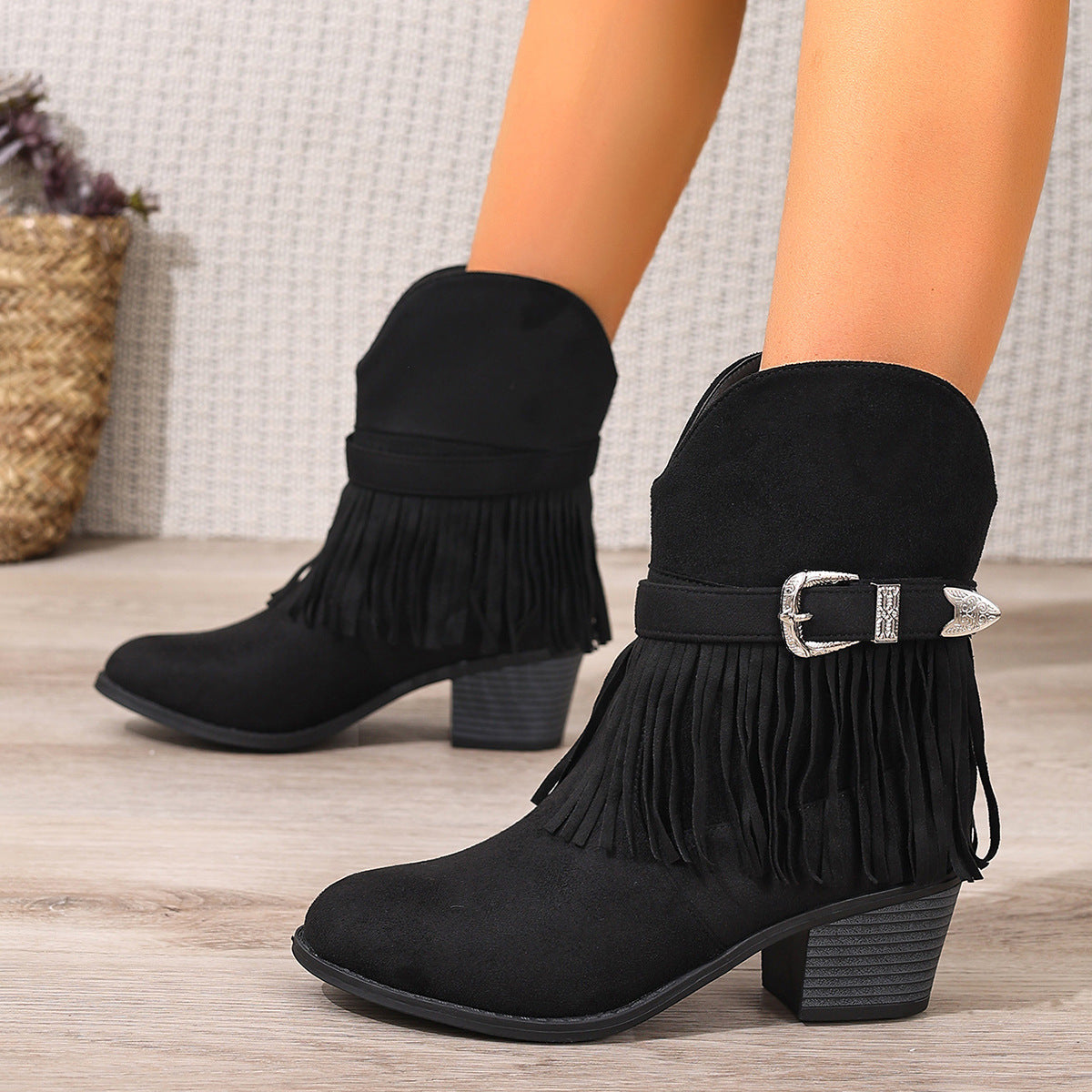 Bottines Franges Style Western Femme – Talon Épais, Semelle Plateforme, Boucle, Cuir Suédé
