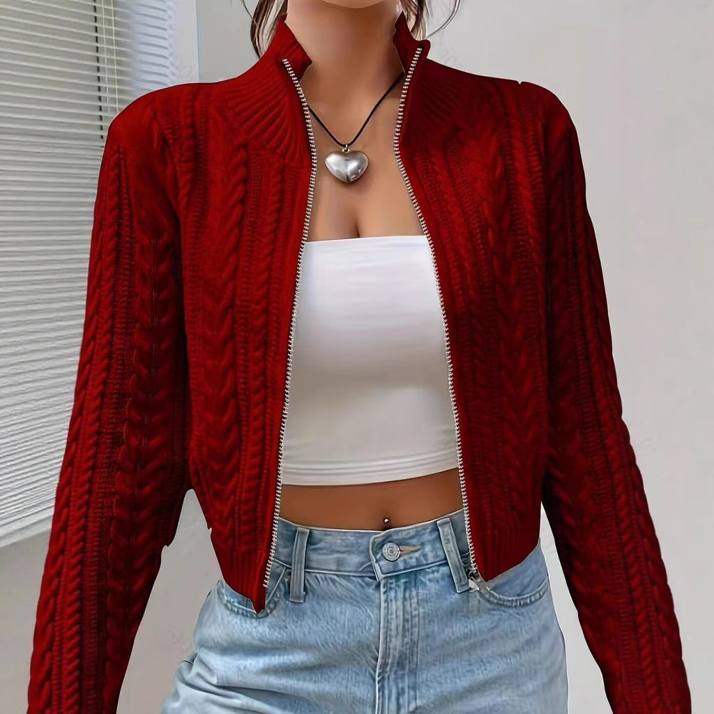Damen-Strickjacke mit Reißverschluss, Stehkragen und langen Ärmeln