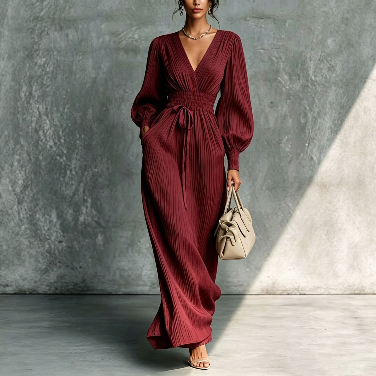 Robe unie à col V, manches longues et taille élastiquée