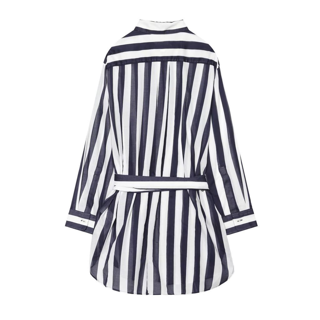 Chemise longue femme à rayures et ceinture à nouer