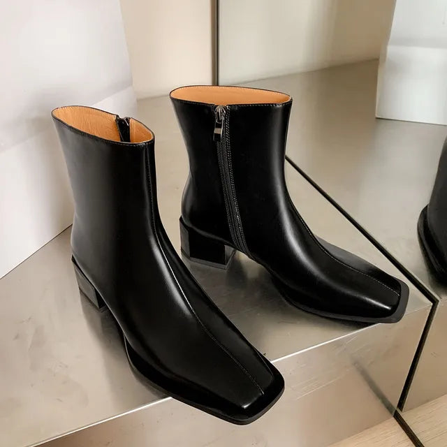 Genuine Leather Women's Ankle Boots – Two-Tone, Zipper Closure, Chic Office Style