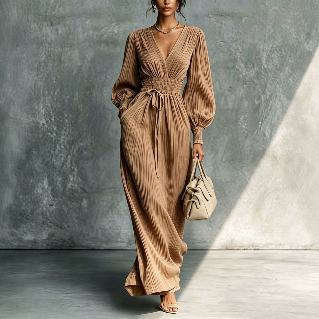 Robe unie à col V, manches longues et taille élastiquée