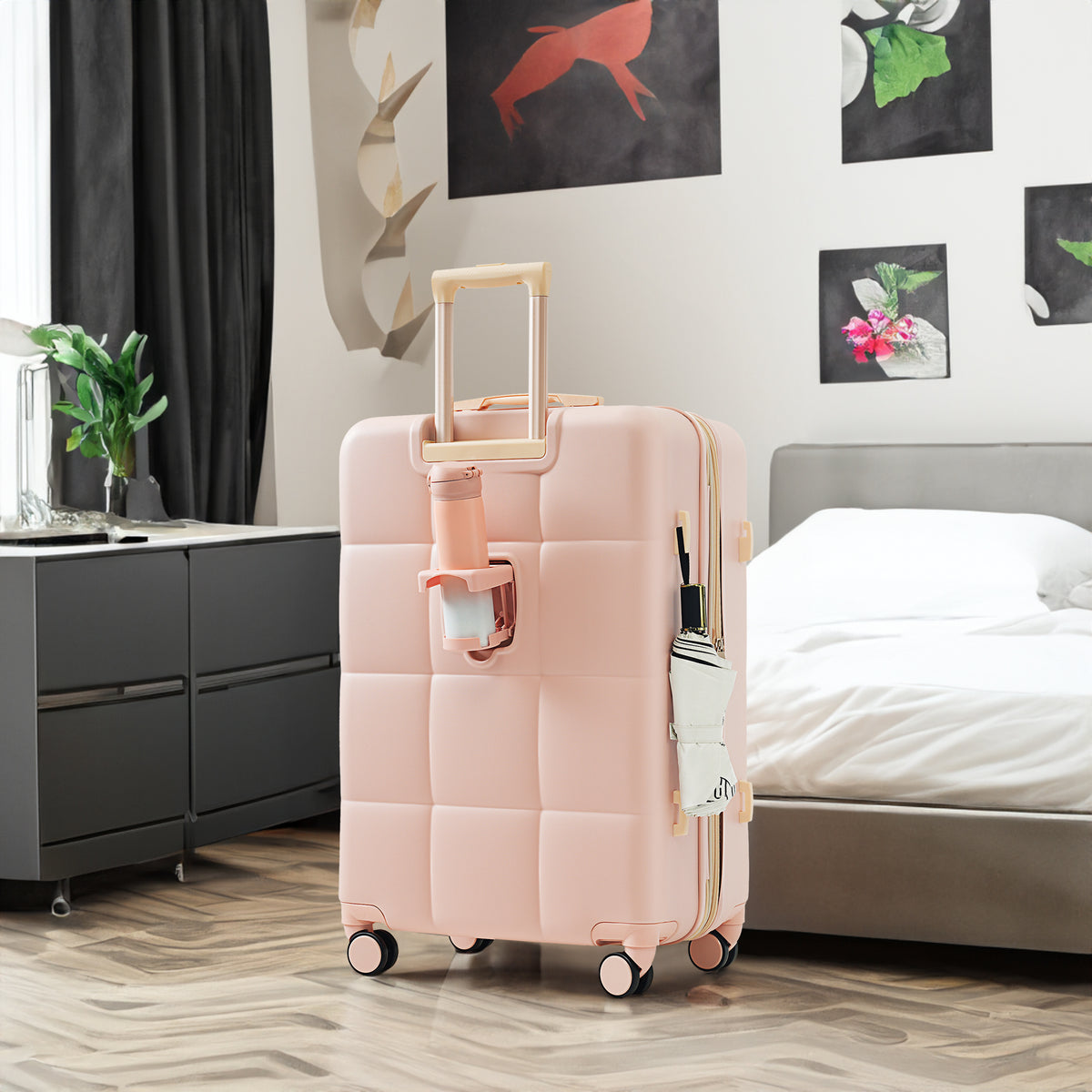 Set de 3 Valises Rigides Rose en ABS – Port USB, Porte-Gobelet et Roulettes 360°