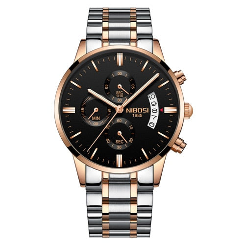 Nibosi Herrenuhr Quarz-Chronograph — 43 mm Edelstahlgehäuse, 3 bar wasserdicht, inklusive Geschenkbox