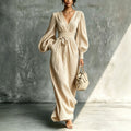 Robe unie à col V, manches longues et taille élastiquée