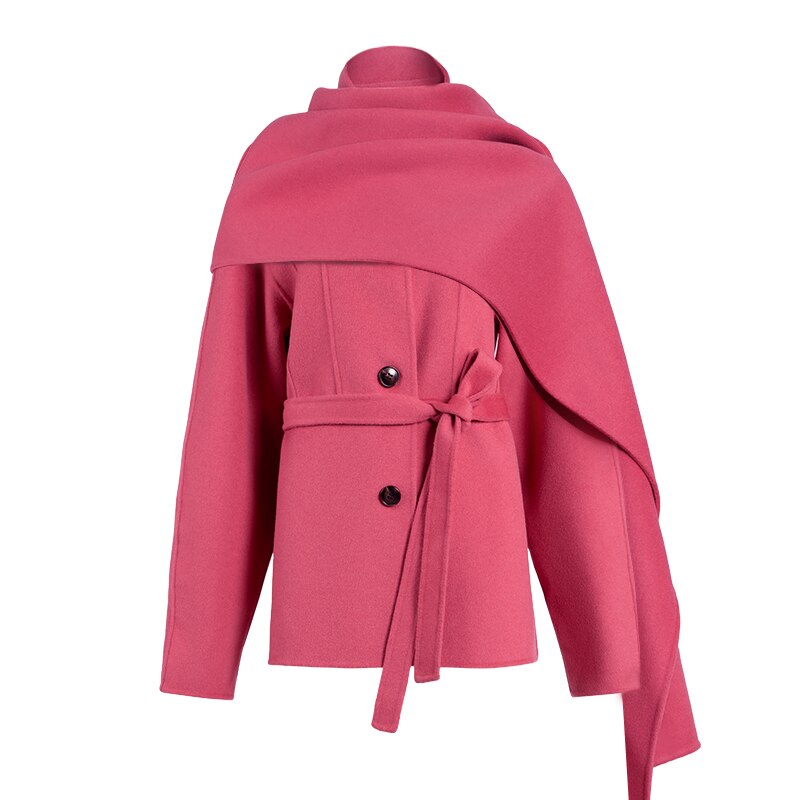 Veste manteau femme haut de gamme rose avec ceinture et écharpe