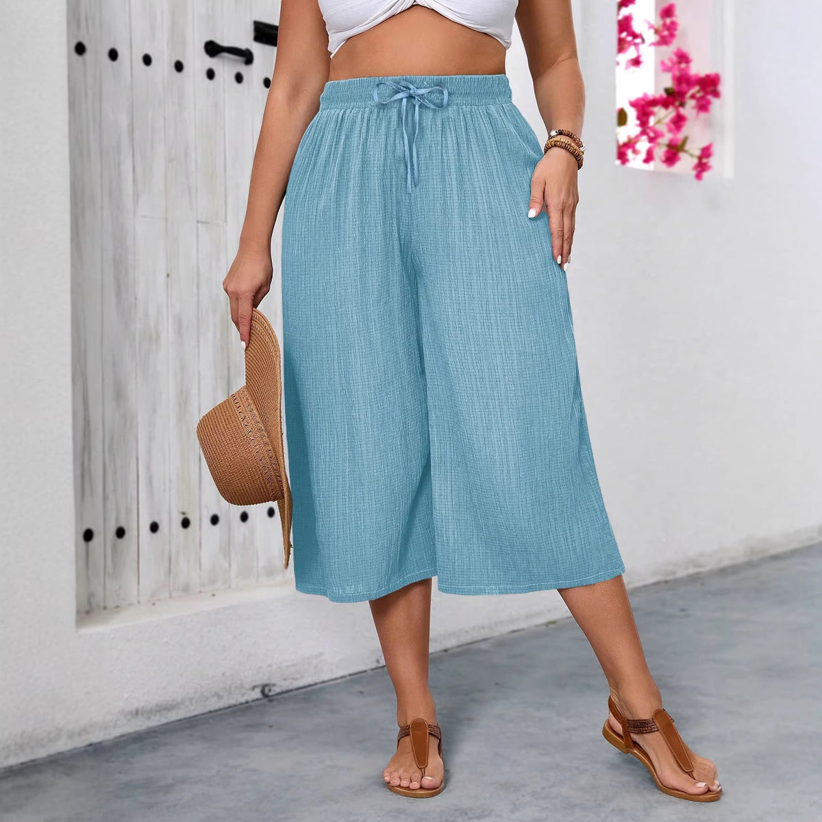 Pantalon large raccourci femme bleu ciel – du XL au 4XL