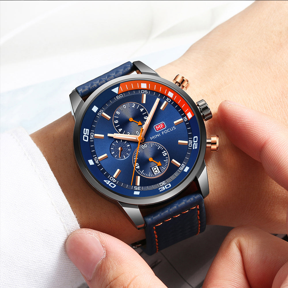 Montre Homme Chronographe Quartz Mini Focus — Bracelet Cuir Véritable, Étanche 30M, 41mm