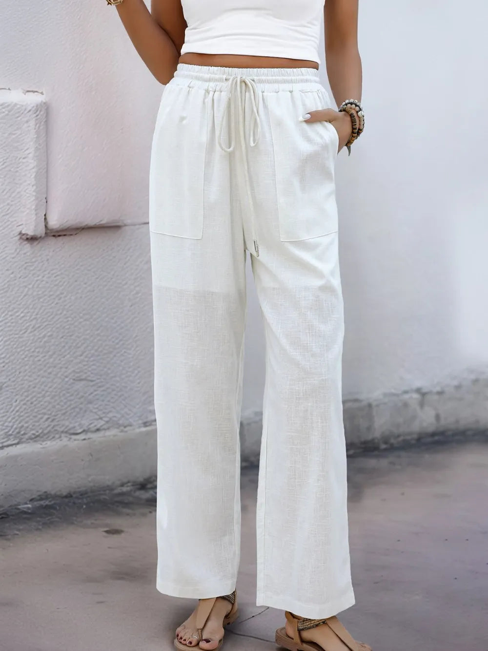 Pantalon Femme Ample et Droit – Blanc, Cordon de Serrage