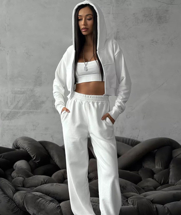 Damen-2-Teiler – Kurzes Kapuzenoberteil mit langen Ärmeln & lange Hose im sportlichen Stil