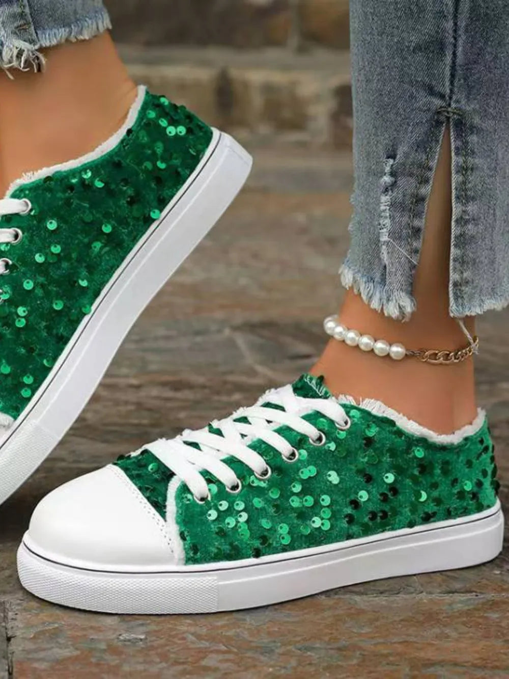Flache Glitzer-Sneaker für Damen – Runde Kappe, Gummisohle, funkelnd