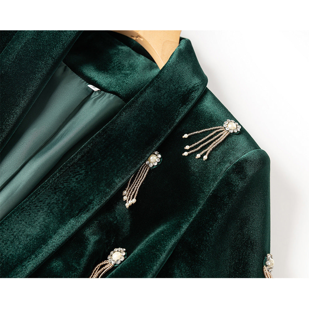 Tailleur femme en velours à ornements, veste ceinturée et pantalon large