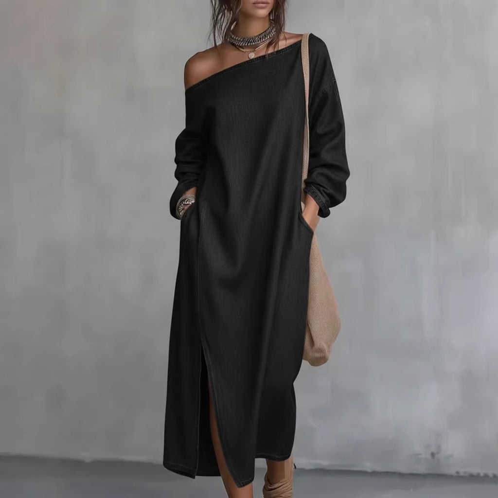 Robe longue asymétrique à manches longues et boutons