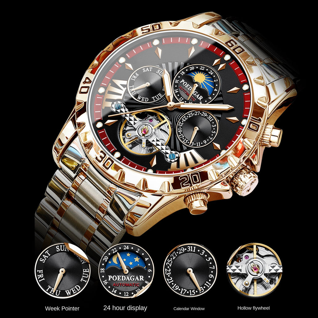 Montre automatique homme Berdagar – Fond transparent, bracelet acier, 43 mm