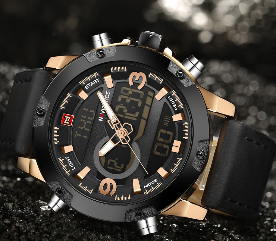 Naviforce Herrenuhr Ana-Digi Quarz — Lederarmband, Alarm, Chronograph, 46,5 mm