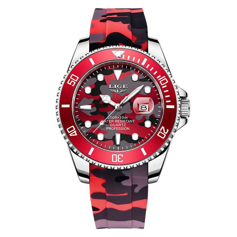 Montre Homme LIGE Quartz – Bracelet Silicone Camouflage Étanche 30M