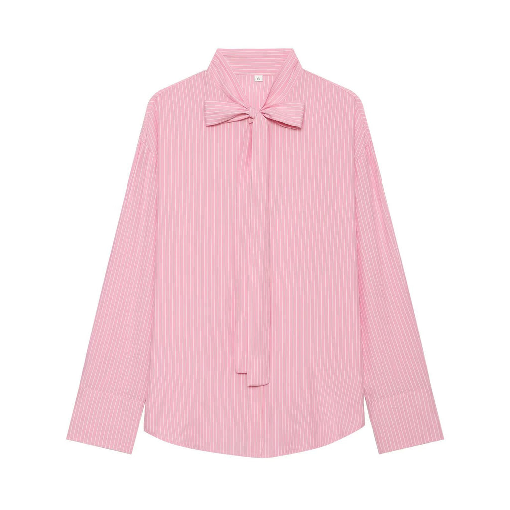 Chemise femme à fines rayures et col lavallière