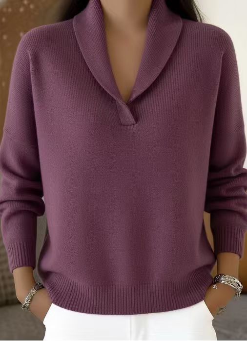 Einfarbiger, weit geschnittener V-Ausschnitt-Pullover – Polyesterstrick, lange Ärmel, vielseitig
