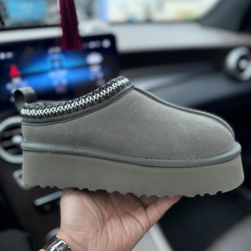 Chaussures Fourrées Femme Style Ethnique Tressé – Cuir, Laine, Slip-On, Hiver