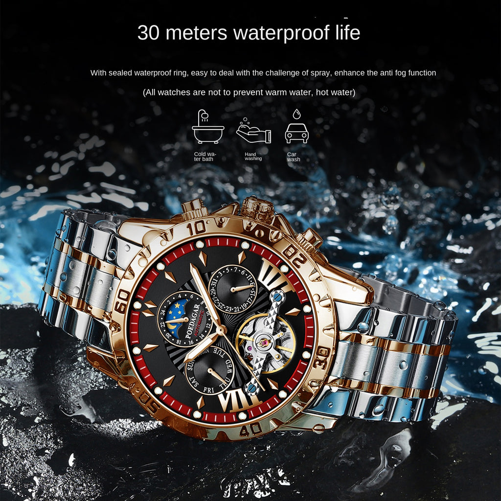 Montre automatique homme Berdagar – Fond transparent, bracelet acier, 43 mm