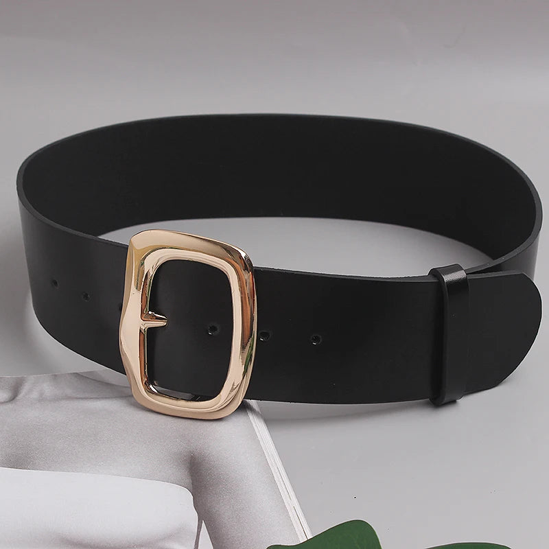 Ceinture large noire femme en croûte de cuir – Boucle dorée