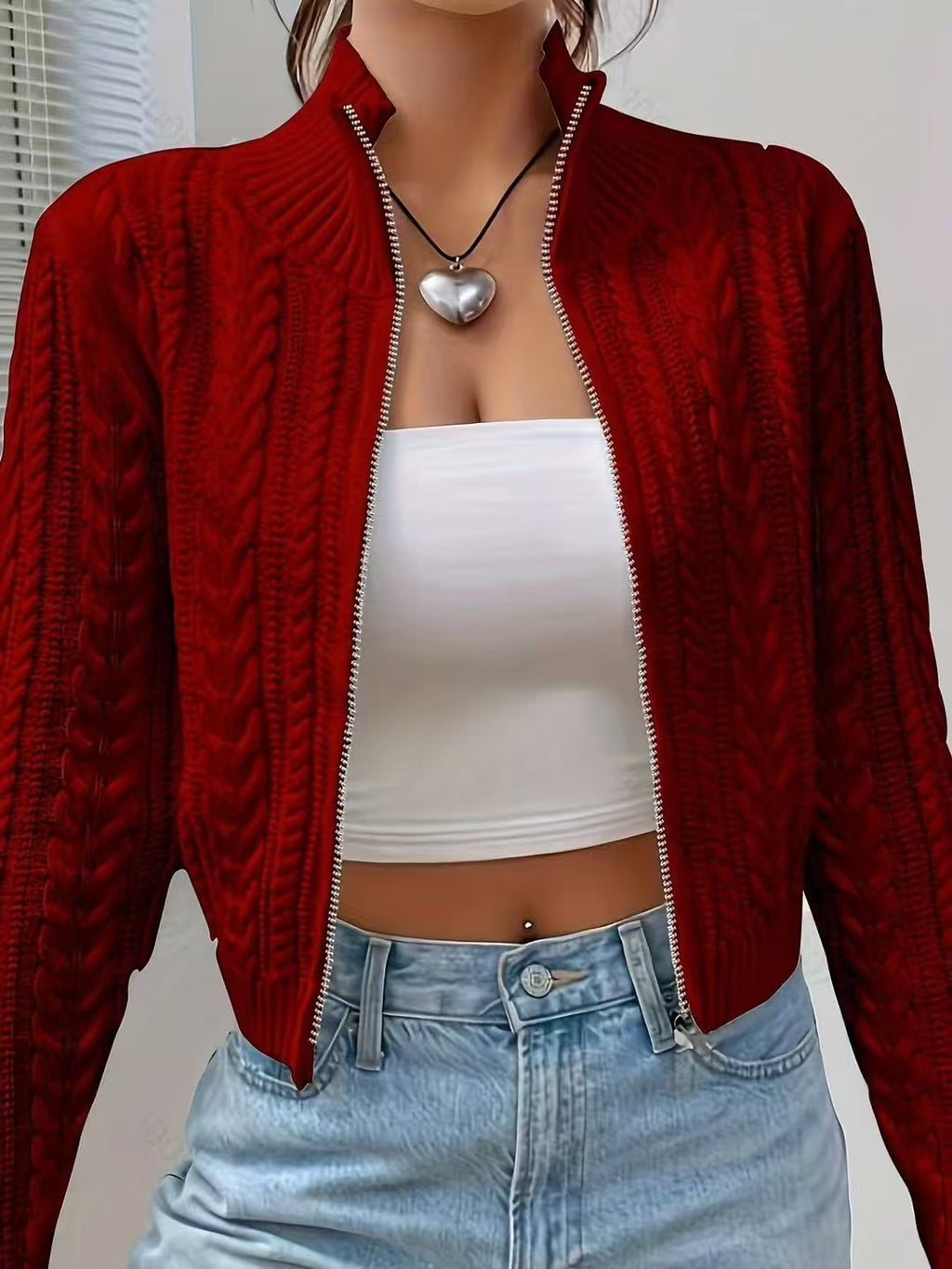 Damen-Strickjacke mit Reißverschluss, Stehkragen und langen Ärmeln
