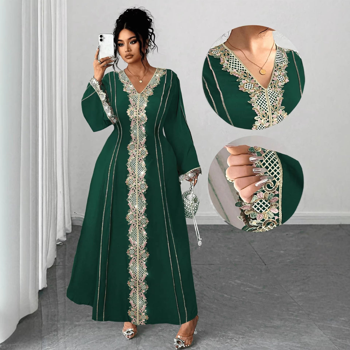 Robe longue grande taille en dentelle brodée à col V