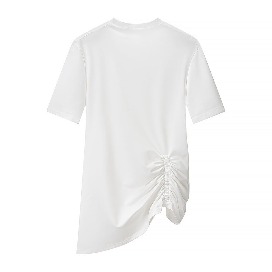 T-Shirt Blanc Froncé Latéral Ourlet Asymétrique – Col Rond