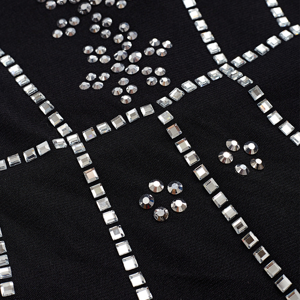 Robe de soirée noire à strass et franges