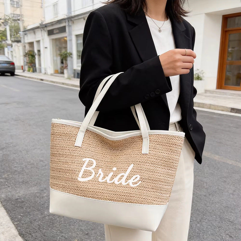 Sac de Plage Tressé Grande Capacité – Style Bohème, Couleur Kaki