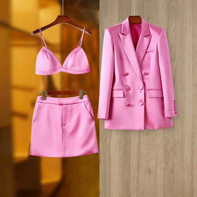 Ensemble Femme Satiné avec Blazer et Mini-Jupe – Rose