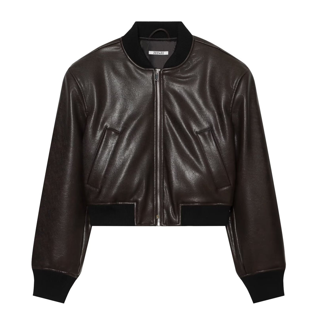 Blouson bomber femme effet simili cuir marron foncé