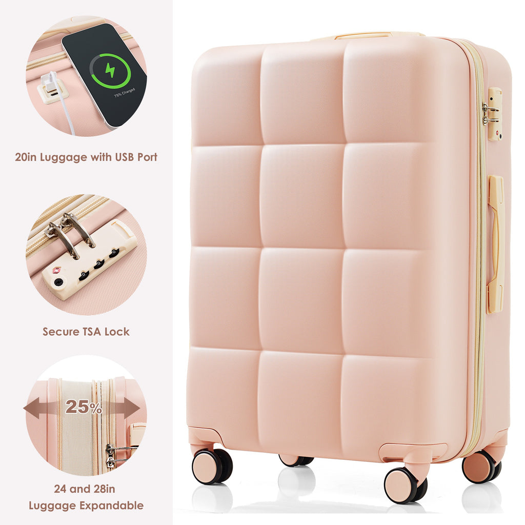 Set de 3 Valises Rigides Rose en ABS – Port USB, Porte-Gobelet et Roulettes 360°