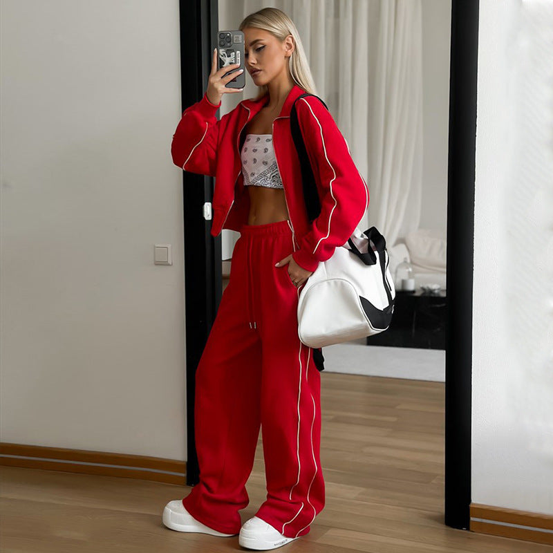 Zweiteiliges Damen-Set – Kapuzenjacke mit Reißverschluss und Hose mit Kordelzug