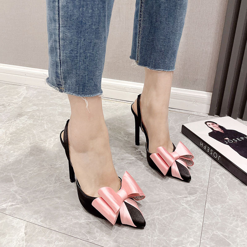 Sandales Talon Aiguille Femme – Satin, Nœud Papillon & Strass, Très Haut Talon 11.5 cm