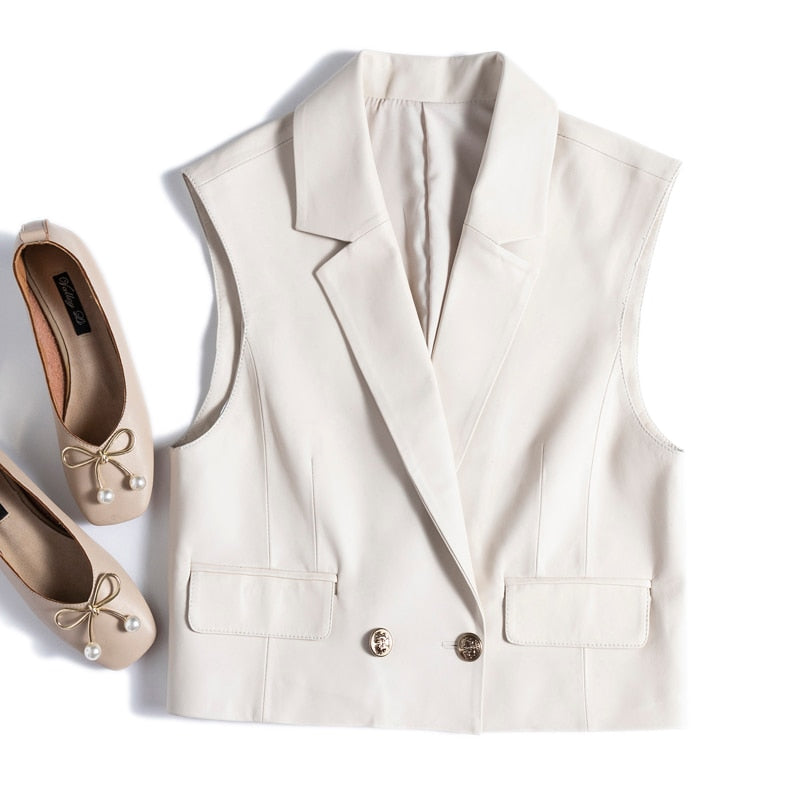 Veste blazer sans manches femme en cuir à boutons dorés