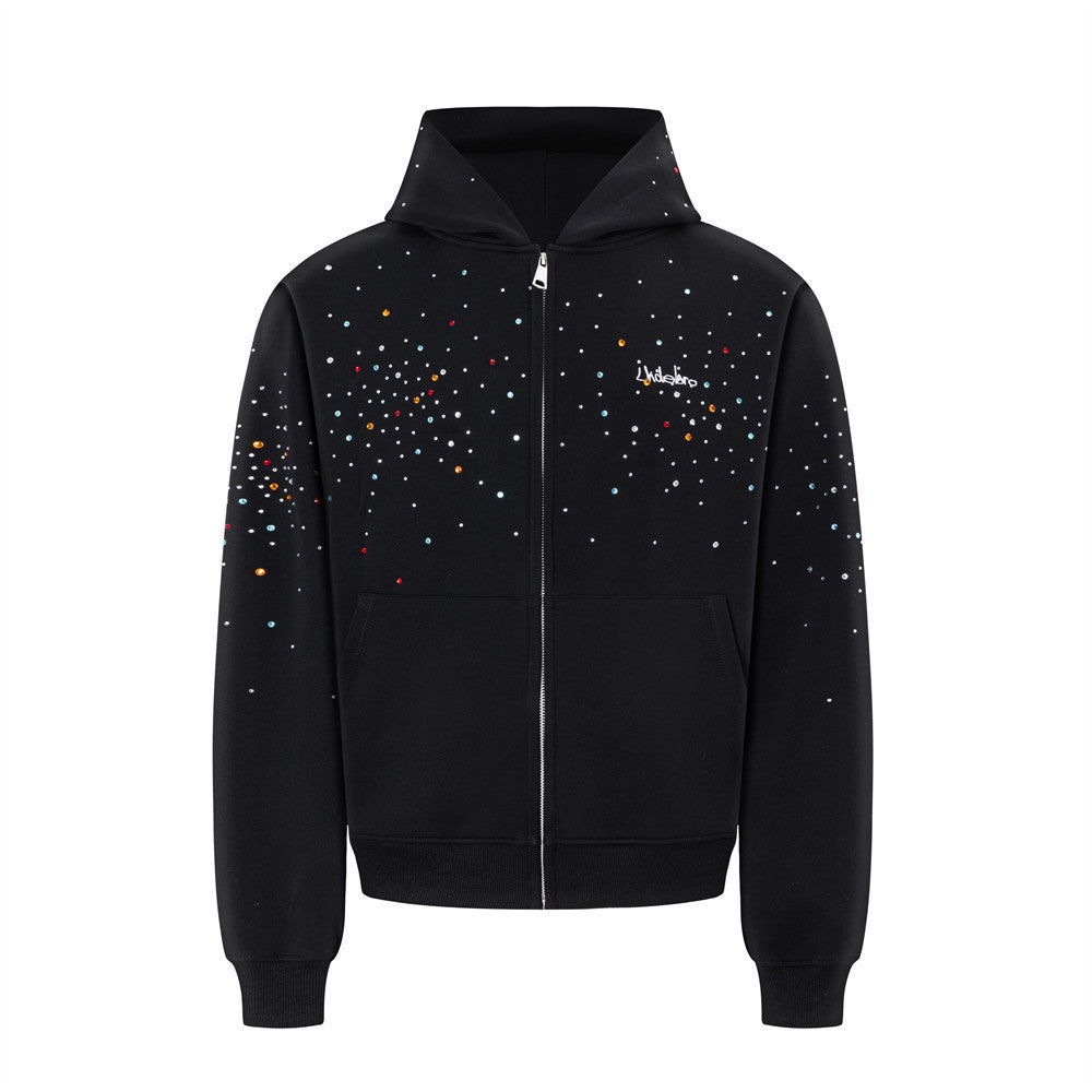Sweat homme zippé à capuche noir à strass multicolores