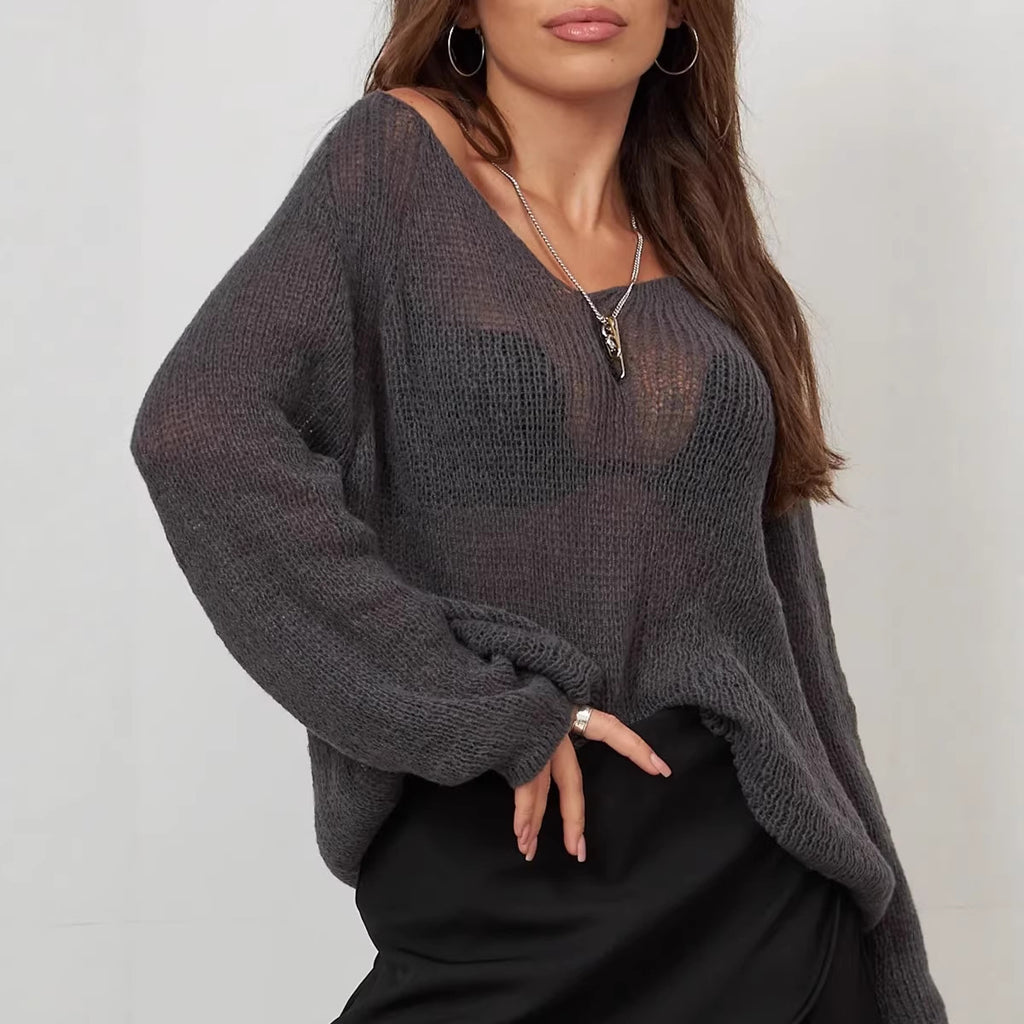 Pull à col rond, uni et ajouré, manches longues