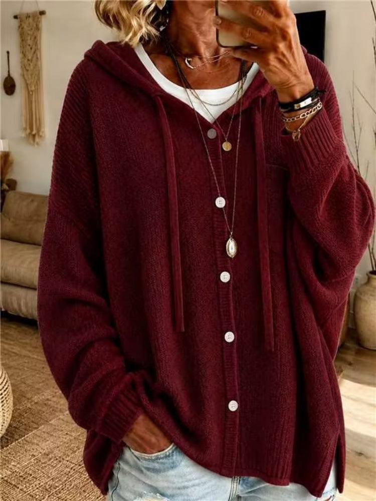 Damen-Strickjacke mit Kapuze und Knöpfen – Leuchtende Farben & bequeme Passform
