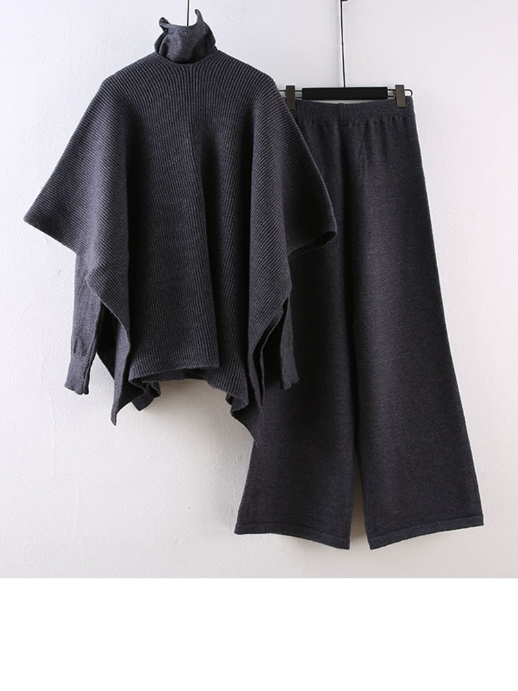 Ensemble femme en maille 3 pièces – Pull col roulé, châle et pantalon large
