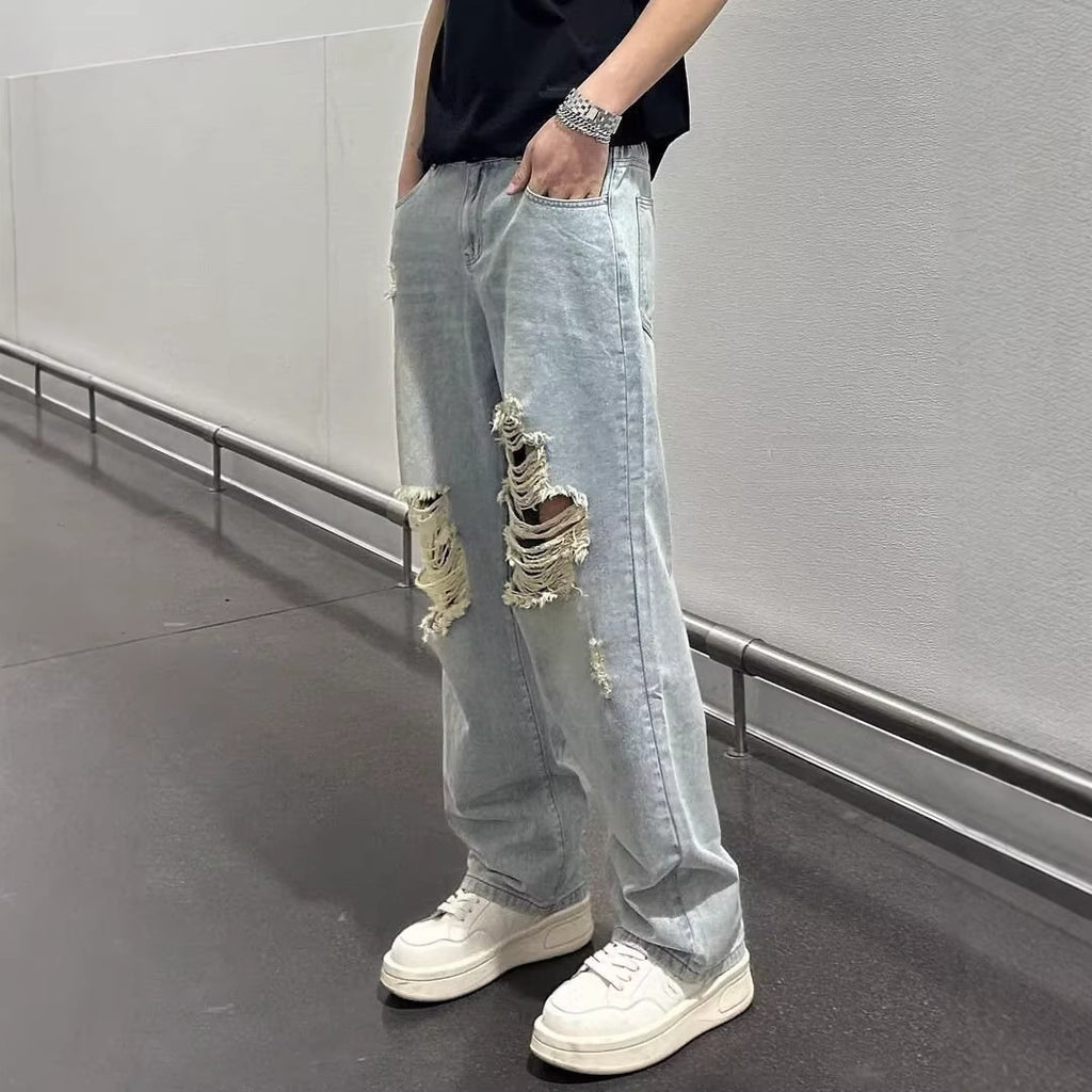 Jean homme déchiré bleu clair – Coupe droite