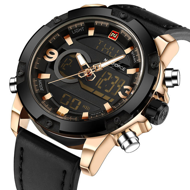 Naviforce Herrenuhr Ana-Digi Quarz — Lederarmband, Alarm, Chronograph, 46,5 mm