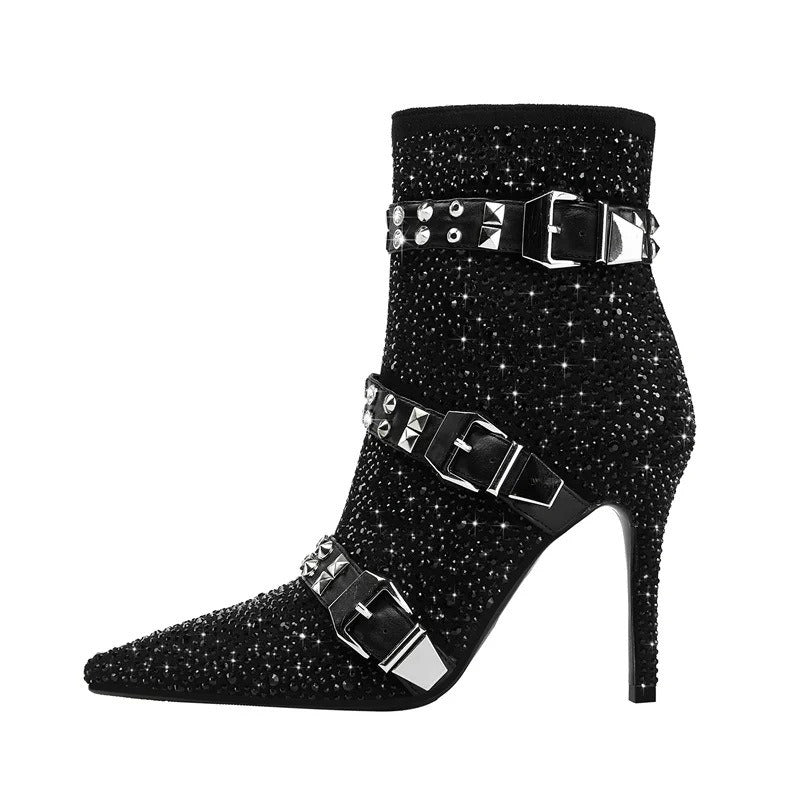 Bottines femme à strass, boucles et talons fins