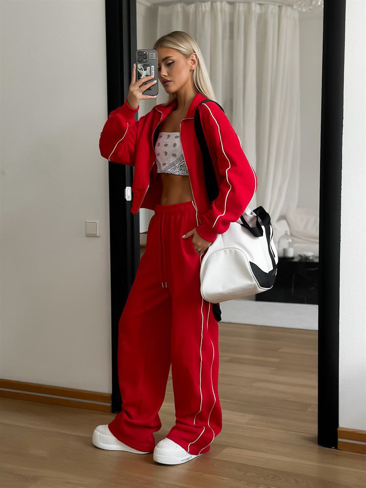 Zweiteiliges Damen-Set – Kapuzenjacke mit Reißverschluss und Hose mit Kordelzug