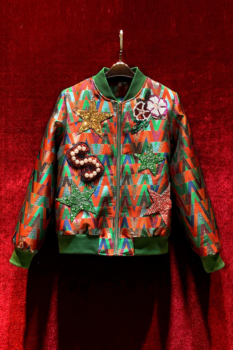 Bomber femme multicolore en jacquard à écussons fantaisie