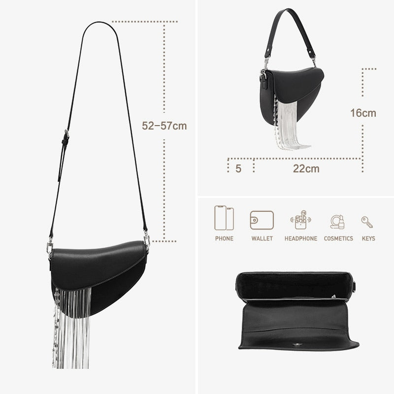Sac femme en cuir noir asymétrique à franges argentées