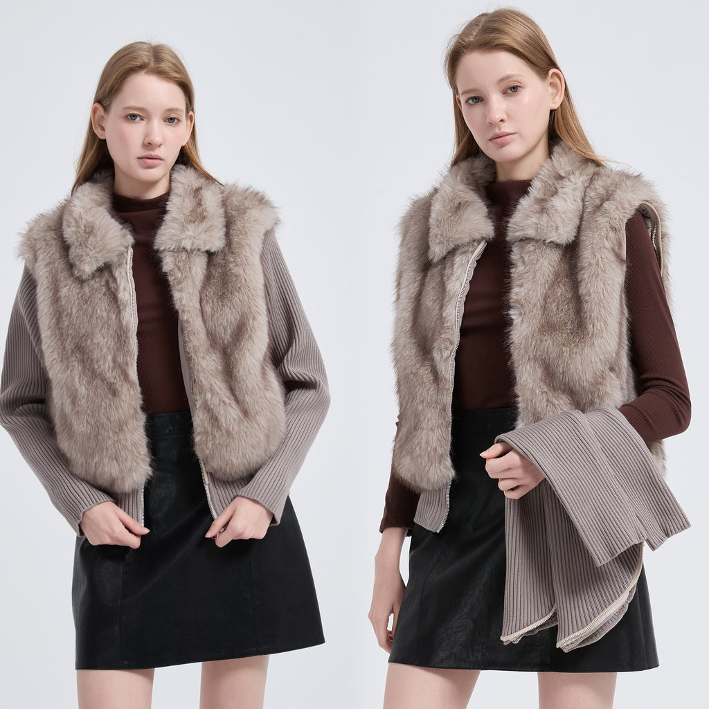 Veste femme en fausse fourrure à manches en maille amovibles