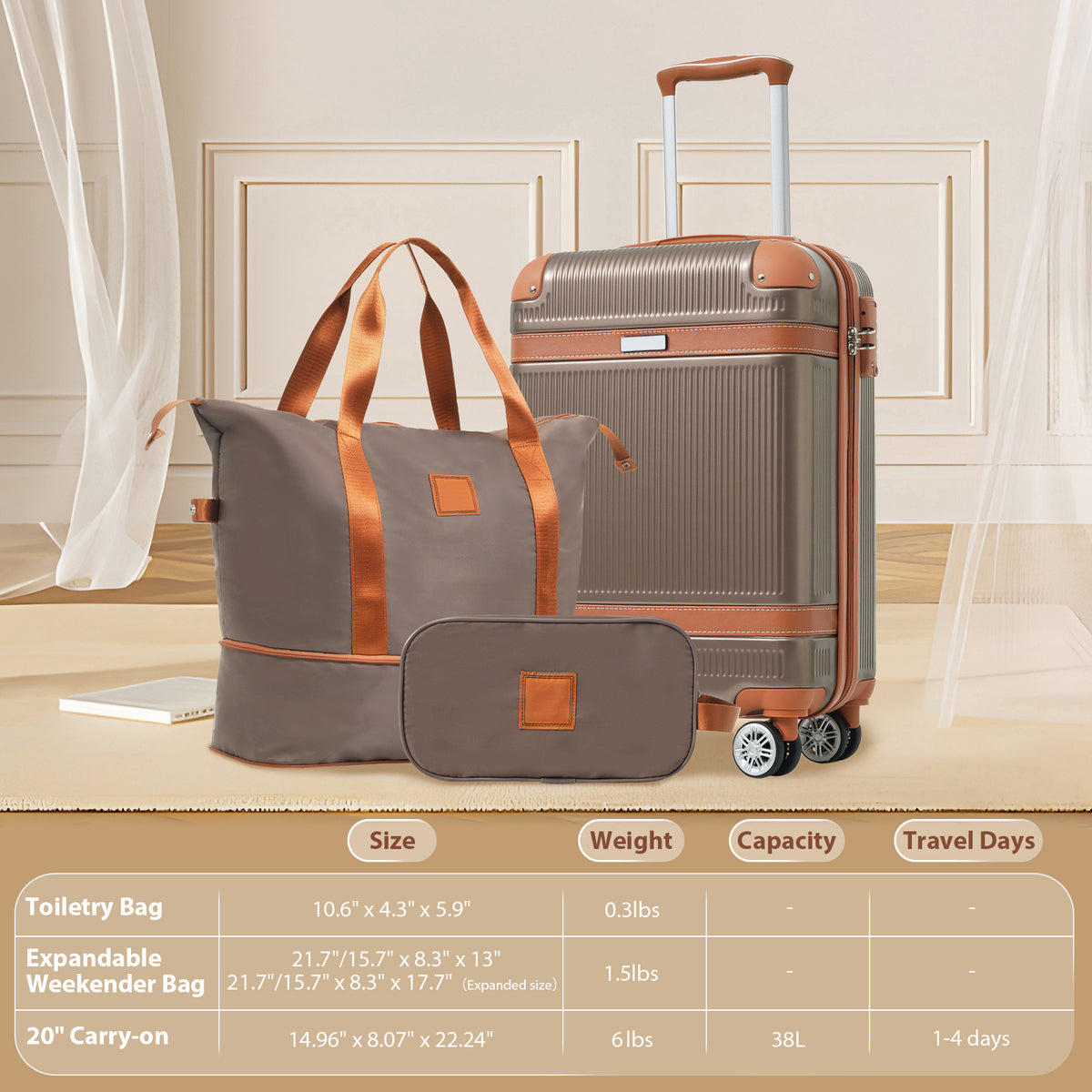 Set de Valises Rigides 3 Pièces – ABS, Roues Pivotantes 360°, Serrure TSA, Couleur Cuivrée